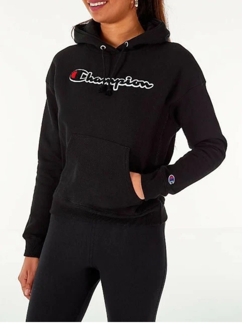 Champion Reverse Weave Women's Script Logo Pullover Hoodie in Black